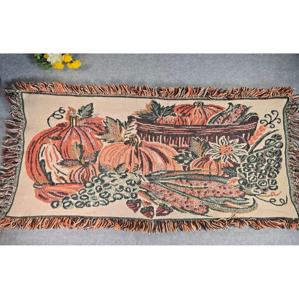 Vintage Fall Tapestry Runner 36x18 Orange Harvest Pumpkin Autumn Decor 90s Farm